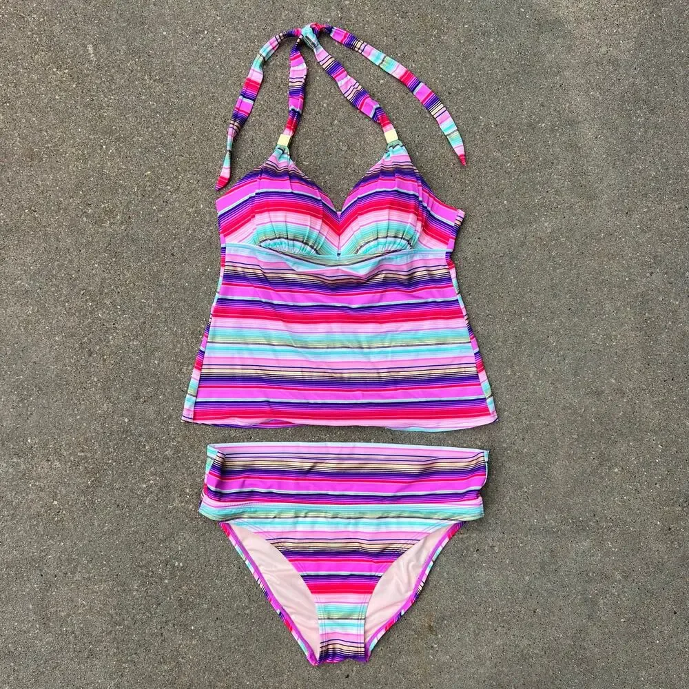 Victoria's Secret High Rise Foldover Bikini Tankini Purple Fuchsia Blue Stripe L